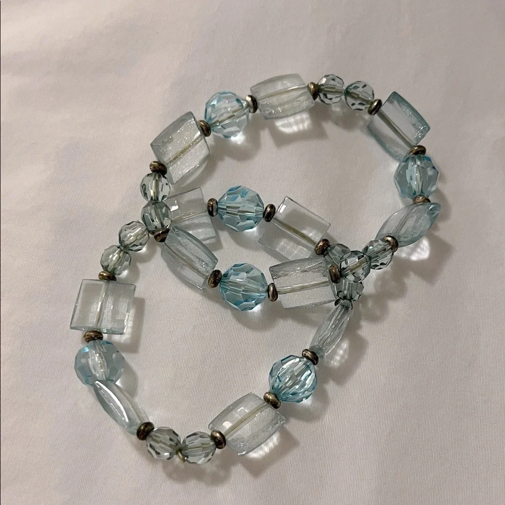 Set 2 Stretch Bracelets Green Clear Faceted Beads Square Round Jewelry